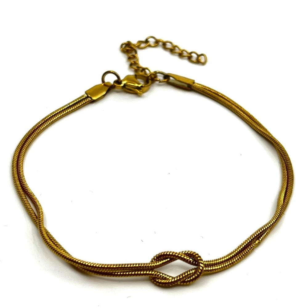 VTG Gold Tone Double Layer Snake Chain Love Knot Bracelet Minimalist Boho 7.25"‎